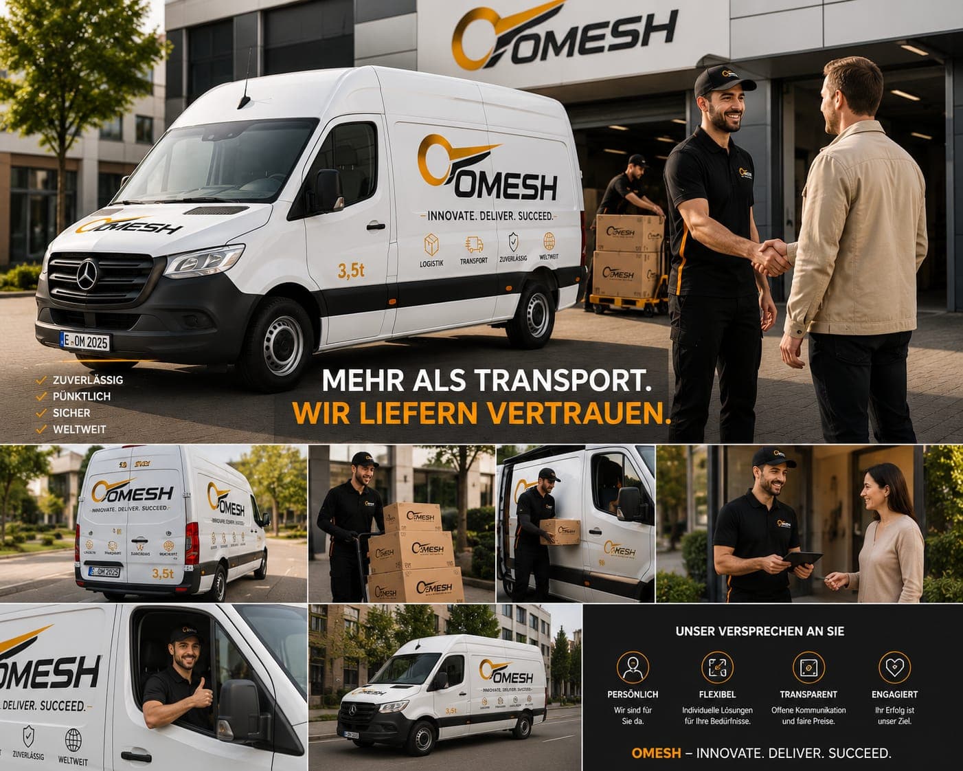 OMESH Logistik Collage zeigt weißen Lieferwagen, Paketzustellung und freundlichen Kundenservice durch engagierte Mitarbeiter.